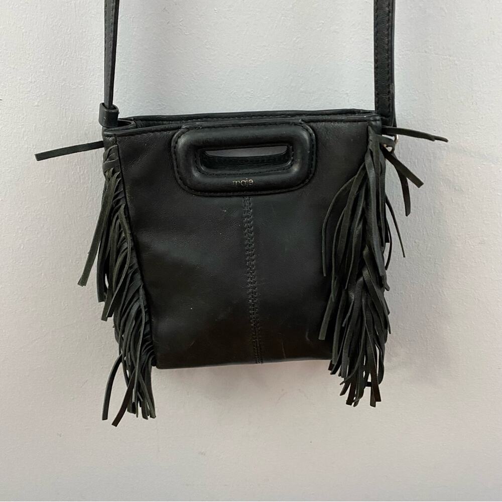 Maje Smooth Black Leather M Bag With Fringing Boho Mini Bag Crossbody Lagenlook - Picture 3 of 14